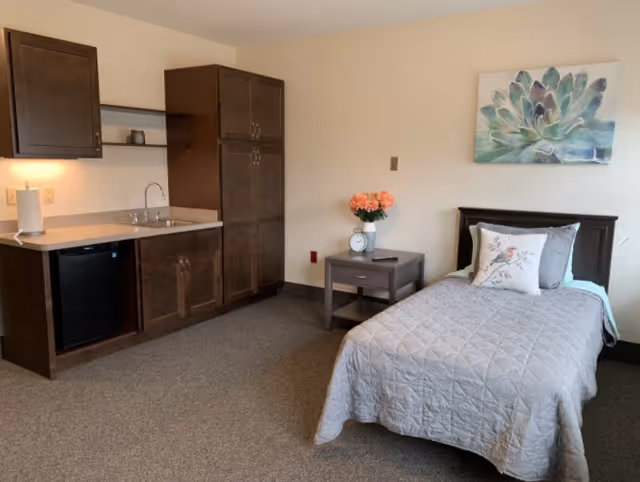 A small room with a single bed covered in a gray quilt and a decorative pillow. Next to the bed is a nightstand with a vase of flowers, a clock, and a phone. On the wall above the bed is a large painting of a succulent plant. To the left is a kitchenette area with dark wood cabinets, a small sink, a mini fridge, and a paper towel holder. The room has beige walls and carpeted flooring.