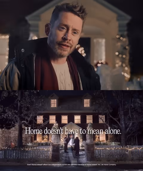 A man stands outside a warmly lit home with promotional text about care services.