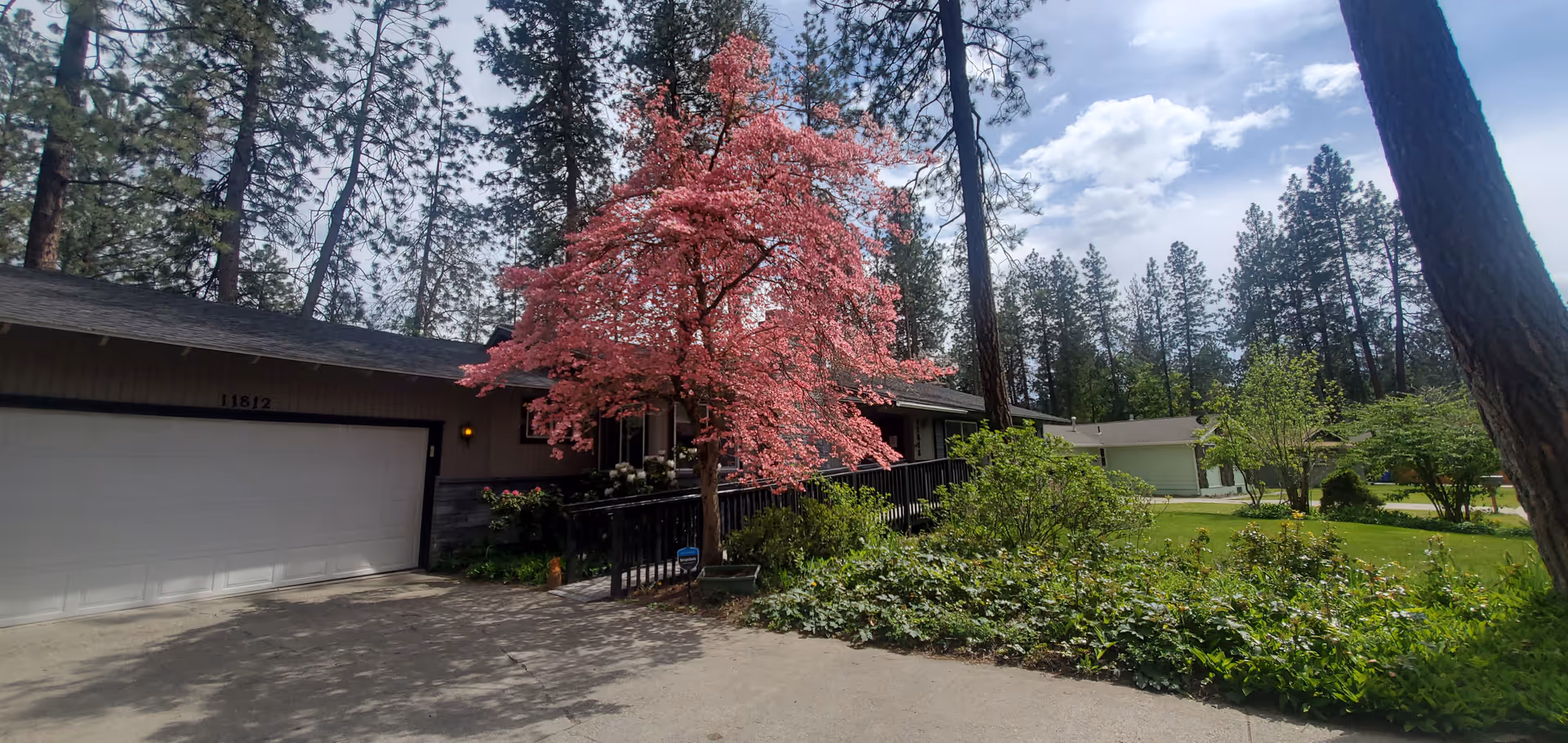 Front exterior of Bethel House LLC adult family home with pink flowering tree and garage.