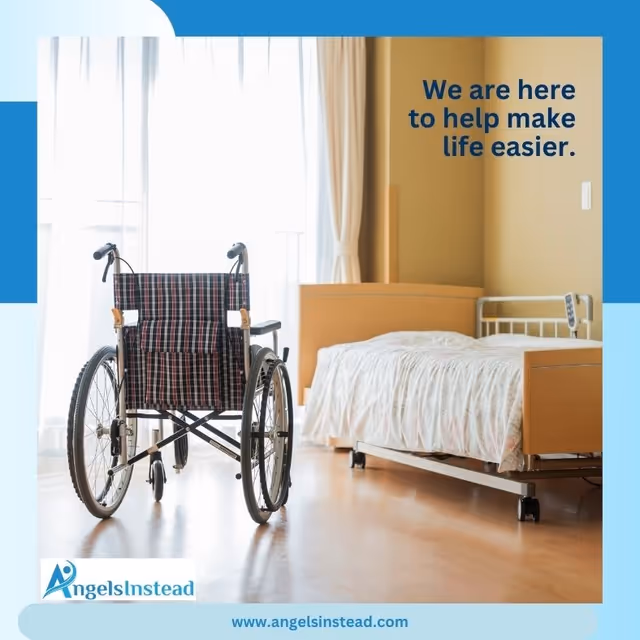 Wheelchair beside a bed in a bright seniors' care facility bedroom.