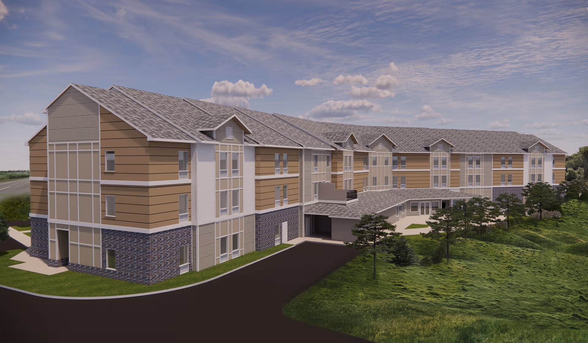 Rendered exterior view of Sunflower Springs at Indian Land senior living facility with trees.