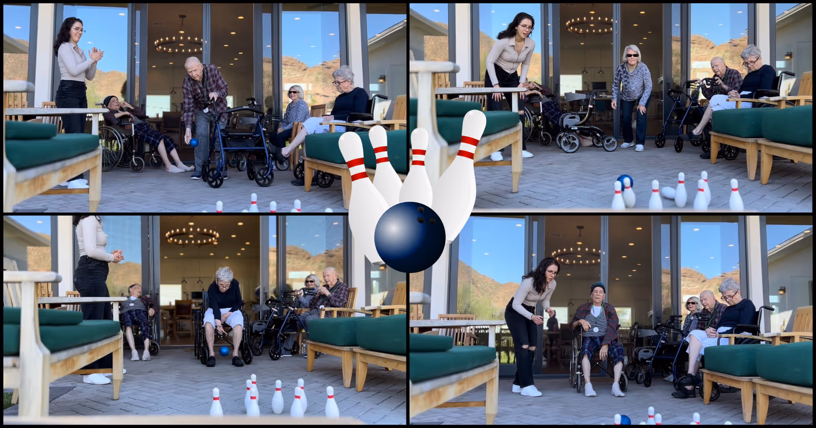 Seniors and staff play outdoor bowling on a patio outside Vista Living Camelback.