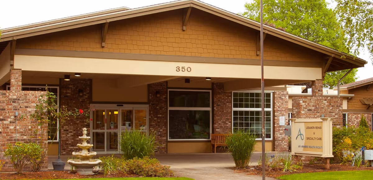 Front view of Avamere Rehabilitation Lebanon entrance with brick facade and landscaping.