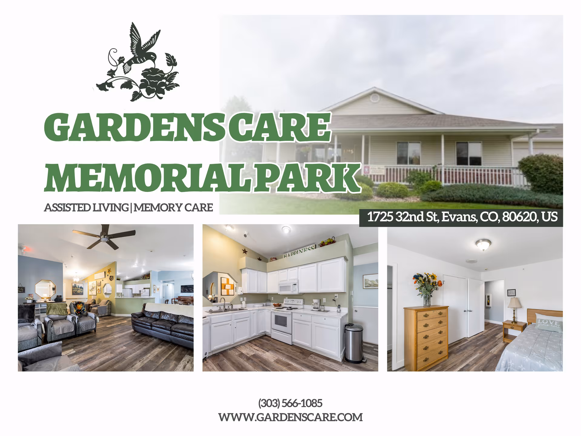 Exterior view of The Gardens Care Homes-Memorial Park with three interior photos of living, kitchen, and bedroom.