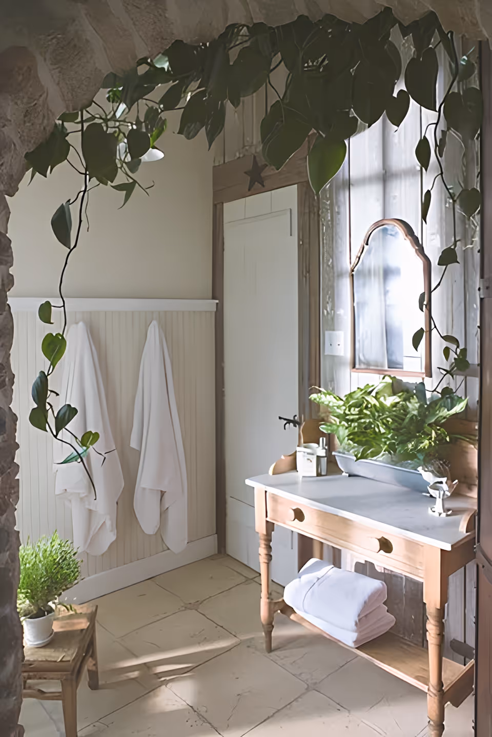 A bright bathroom corner with a wooden vanity table topped with a rectangular mirror and green plants. Two white towels hang on the wall, and a small wooden stool with a potted plant sits nearby. The room features stone and wood elements with natural light streaming in.