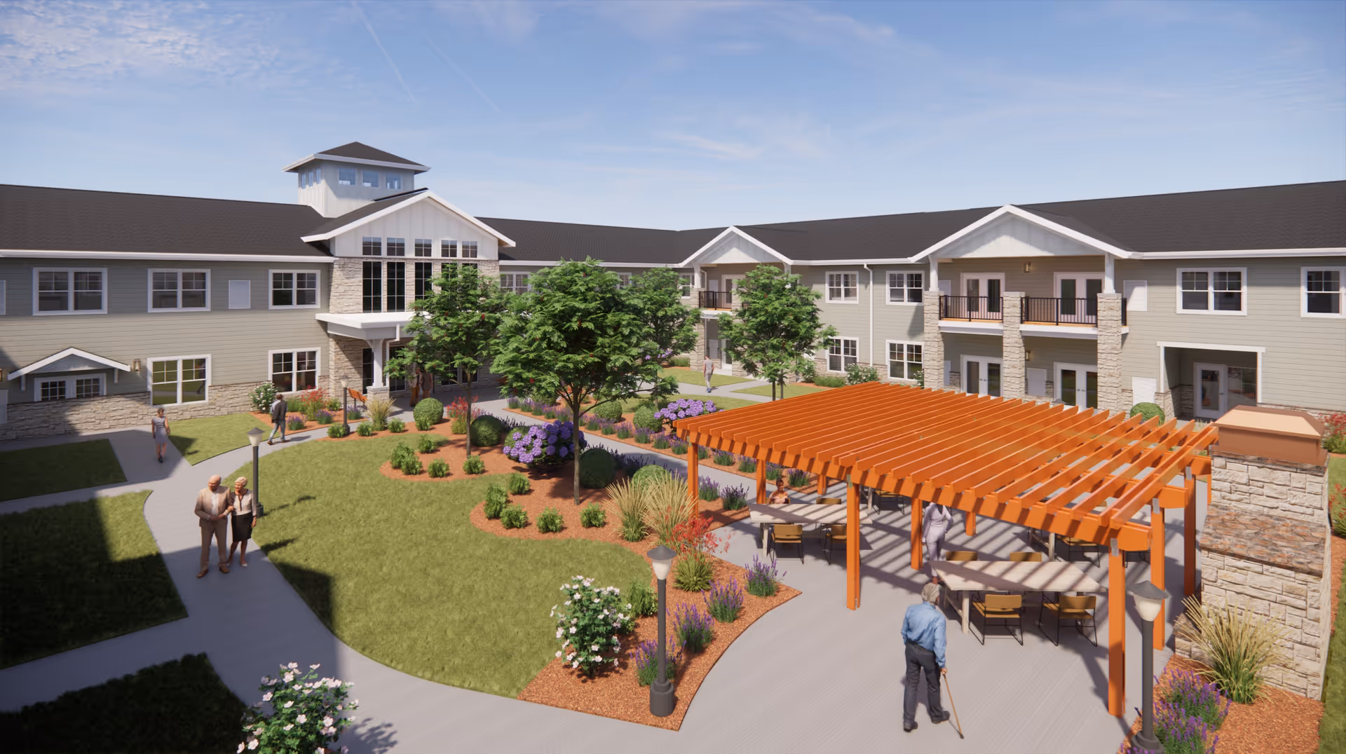 Exterior courtyard of Cedarhurst Senior Living of Lincoln; wooden pergola, pathways, and landscaped garden.
