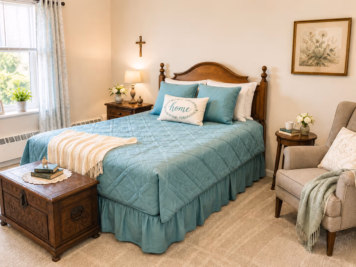 A well-decorated bedroom with teal quilt, wooden bed, and cozy seating.