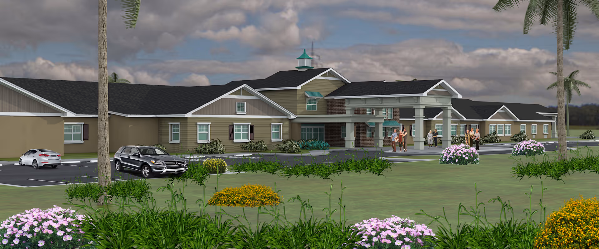 Exterior view of De Luna Health and Rehabilitation Center with entrance, parked cars, and landscaping.