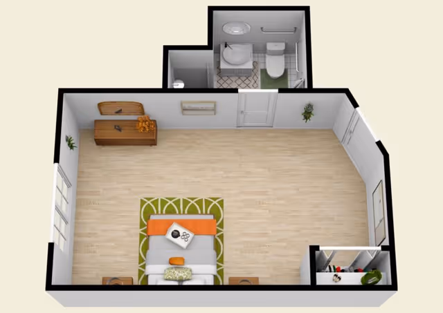 Floor plan of a studio apartment: bedroom area, closet, and adjacent bathroom.