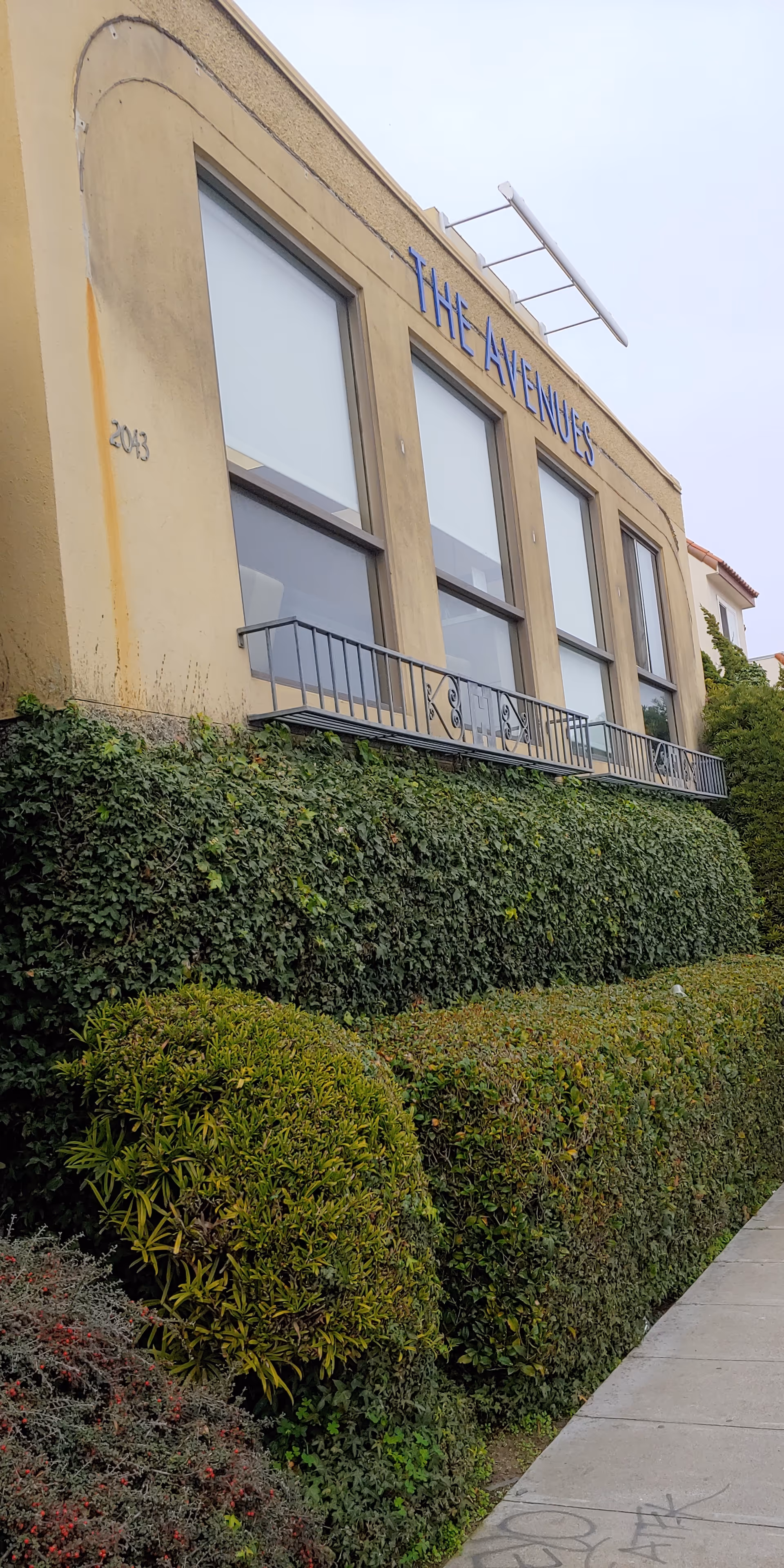 Exterior view of The Avenues Transitional Care Center with large windows and hedges