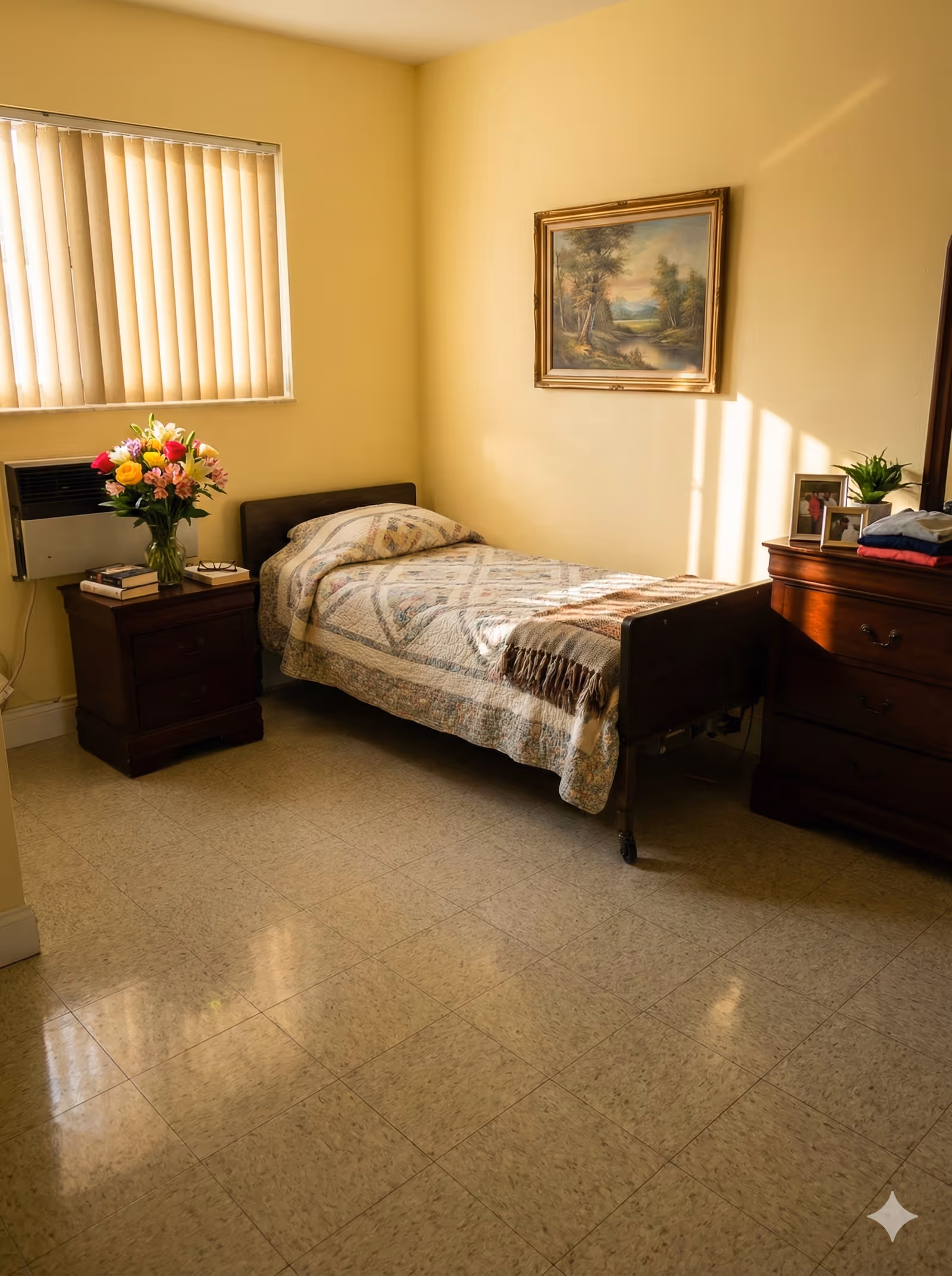 Sunlit bedroom with a single bed, dresser, nightstand, flowers, and framed painting.