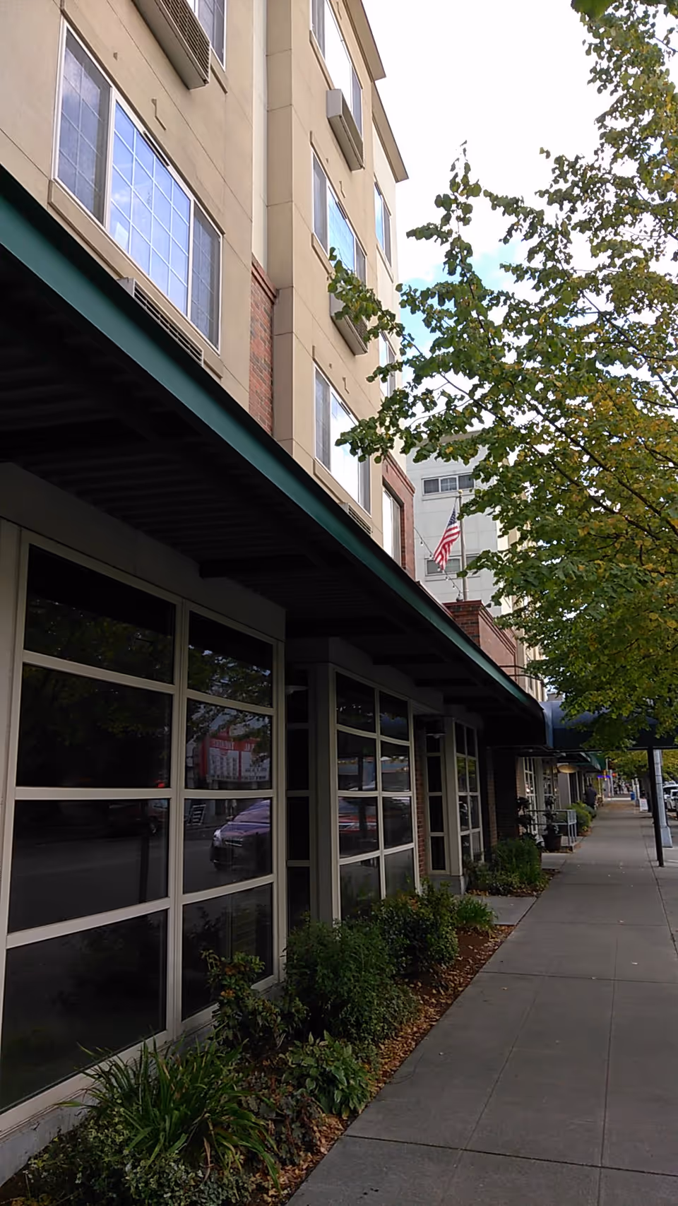 Exterior view of a senior living building with sidewalk and trees.