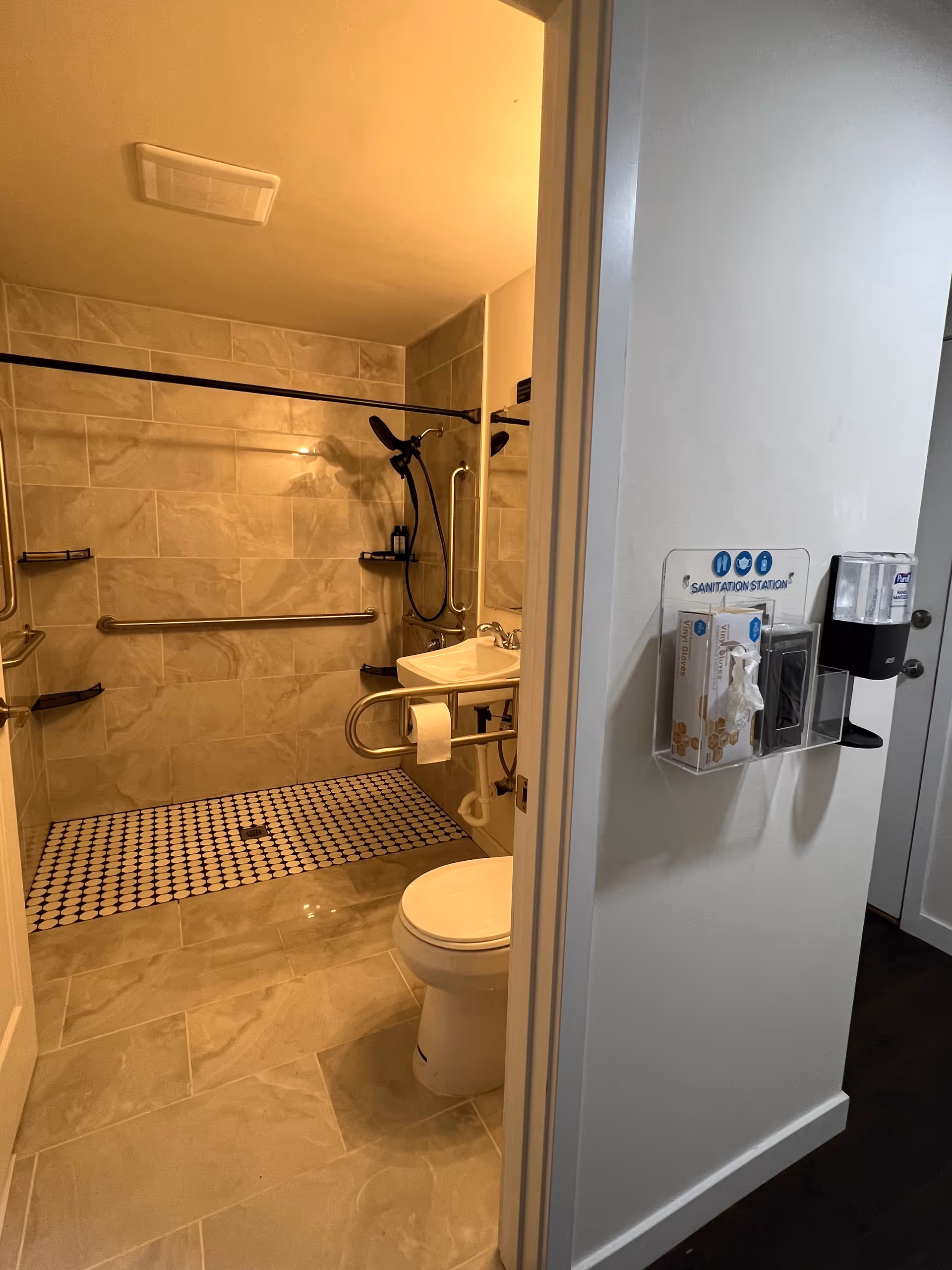 View into a bathroom with beige tiled walls and floor, featuring a walk-in shower with a handheld showerhead, grab bars, and a small sink with a grab bar holding a toilet paper roll. A white toilet is visible in the foreground. Outside the bathroom, mounted on the wall, is a sanitation station with gloves, wipes, and hand sanitizer dispenser.