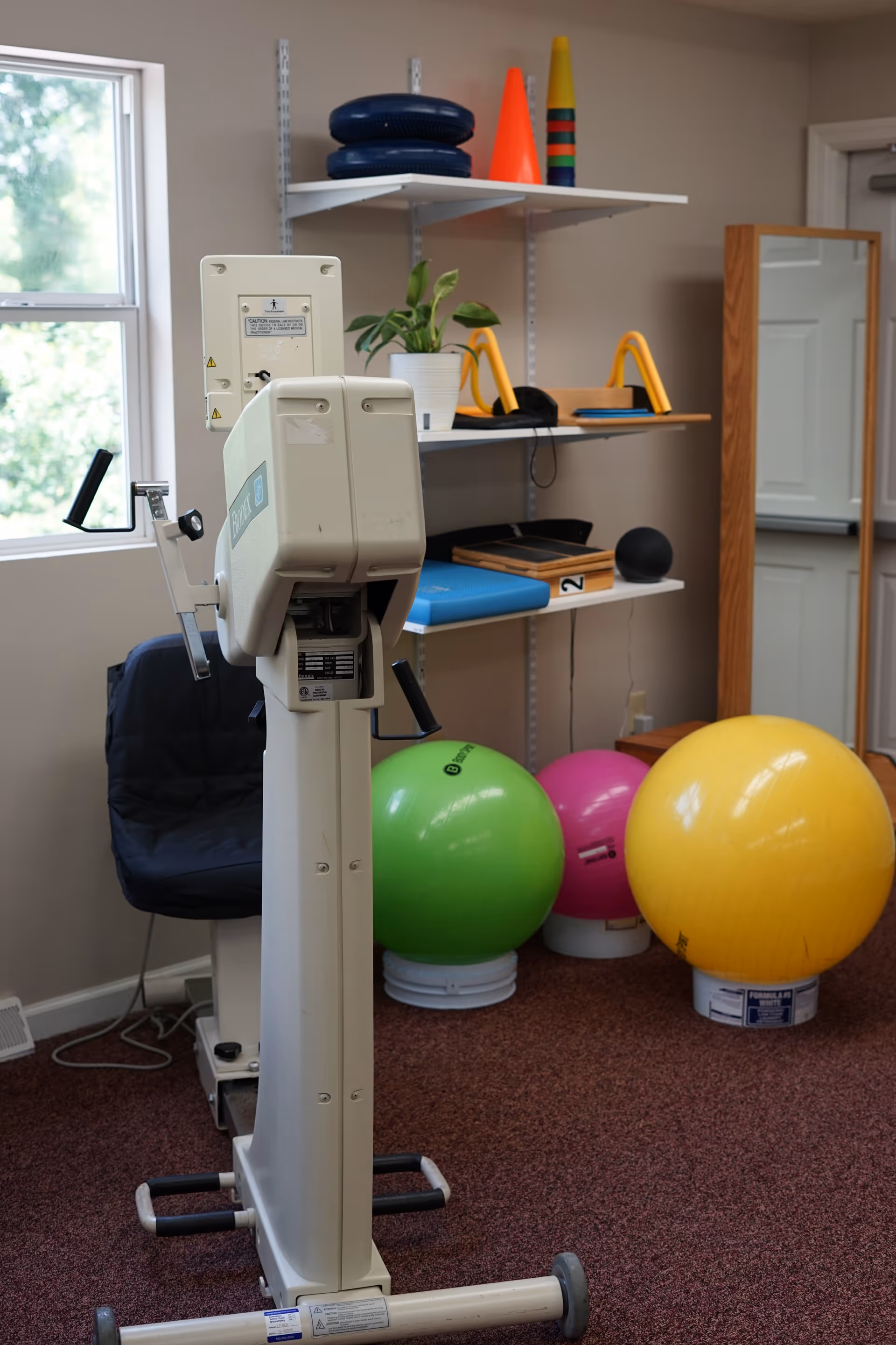 Physical therapy equipment in a rehab room with exercise balls, shelves, mirror, and window.