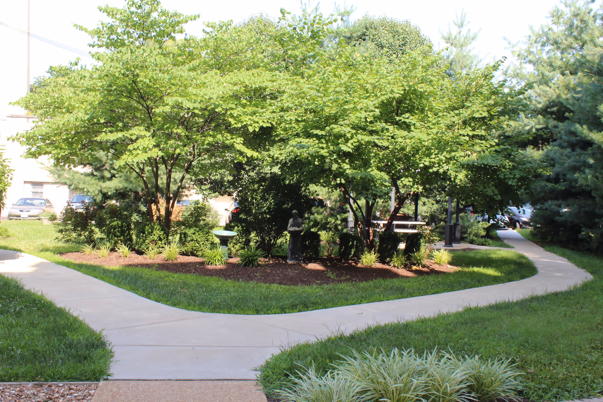 Sunlit courtyard with paved walking paths, a central mulched planting bed with trees, a birdbath and a small statue.