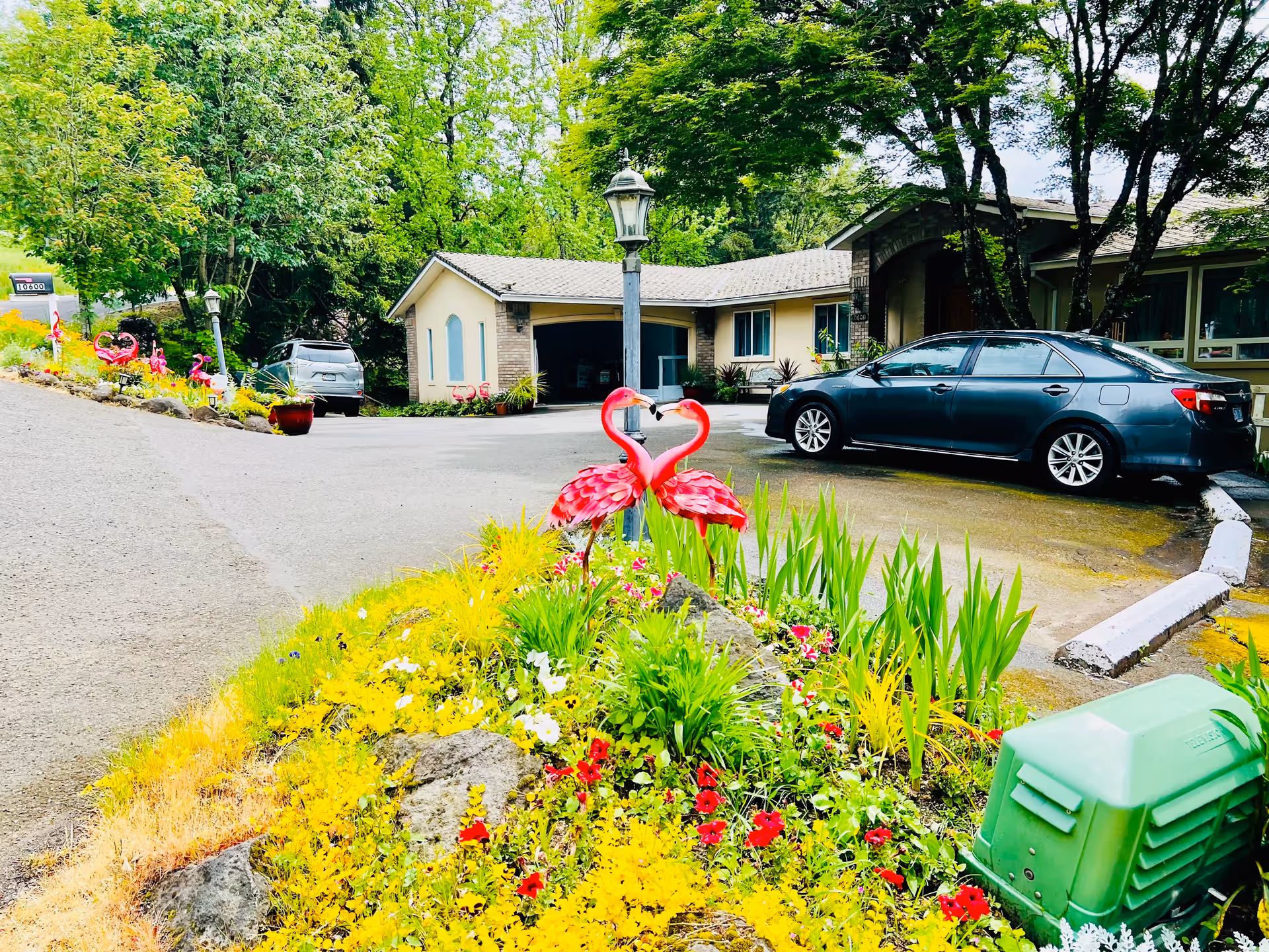 Exterior view of a single-story building with a driveway and parked cars. The foreground features a garden bed with colorful flowers and two pink flamingo lawn ornaments facing each other near a lamp post. Trees and greenery surround the area.