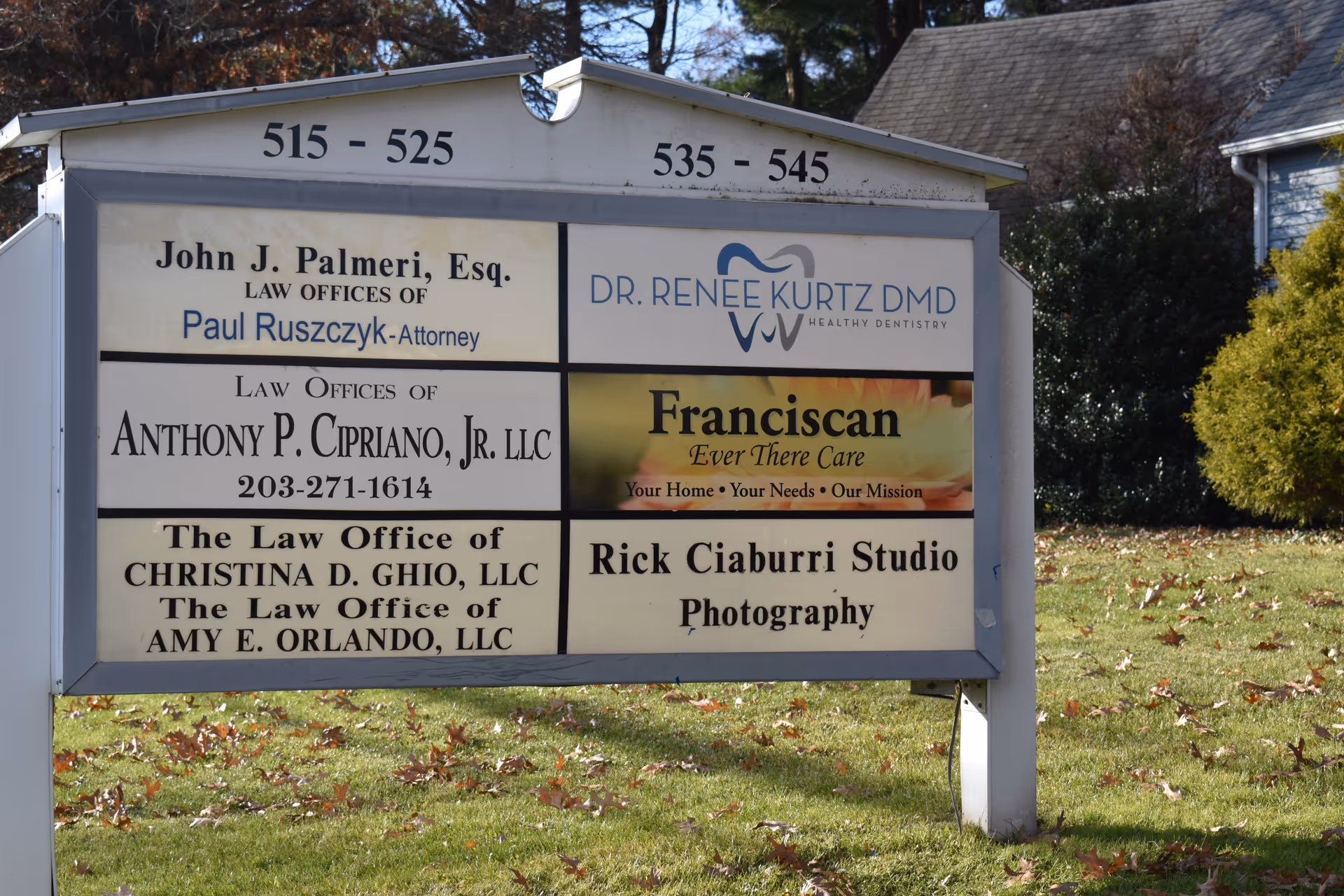 Outdoor signboard showing multiple business names, including Franciscan Ever There Care, on a grassy lawn