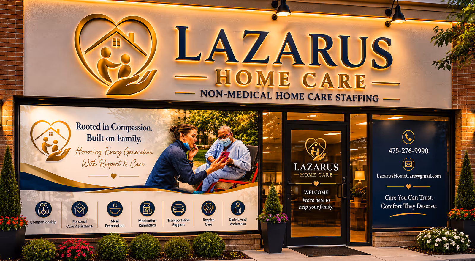 Front exterior of Lazarus Home Care storefront with illuminated logo and banners.