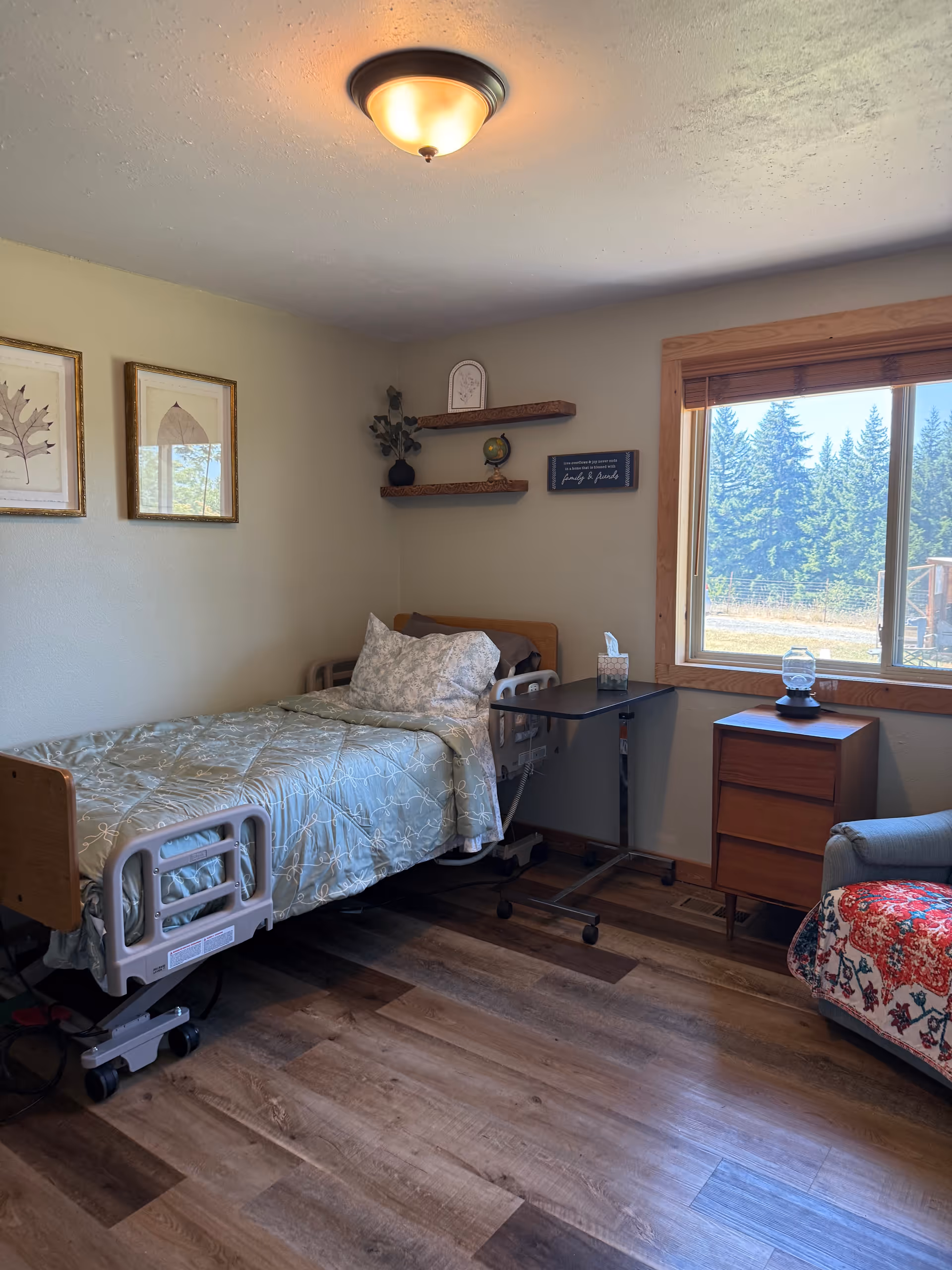 A single bedroom in a senior care home with a hospital bed, desk, window, and decor.