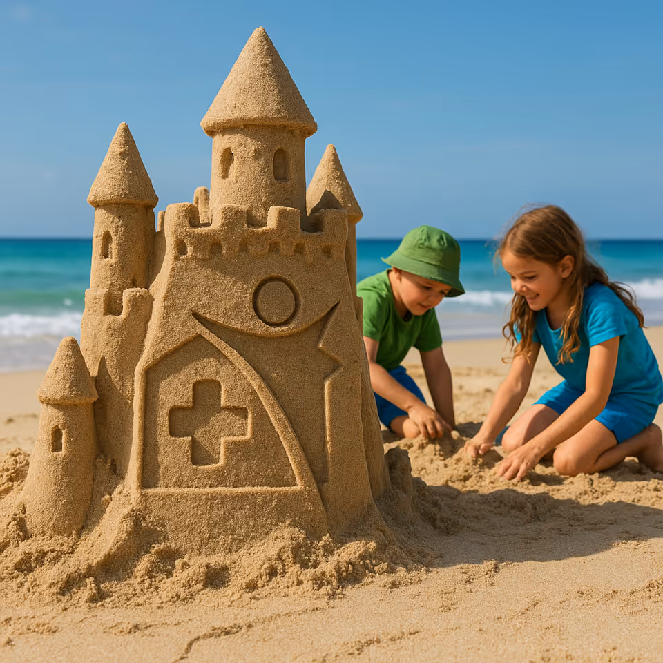 Two children build a large sandcastle on a sunny beach with the ocean nearby.