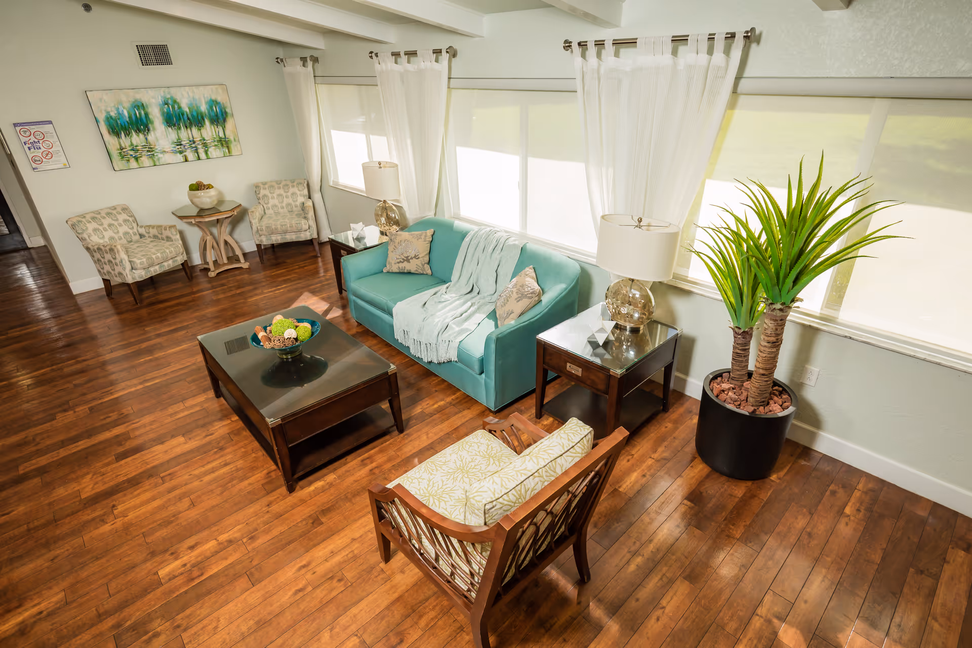 Bright common living room with a teal sofa, armchairs, coffee table, large windows and a potted plant.