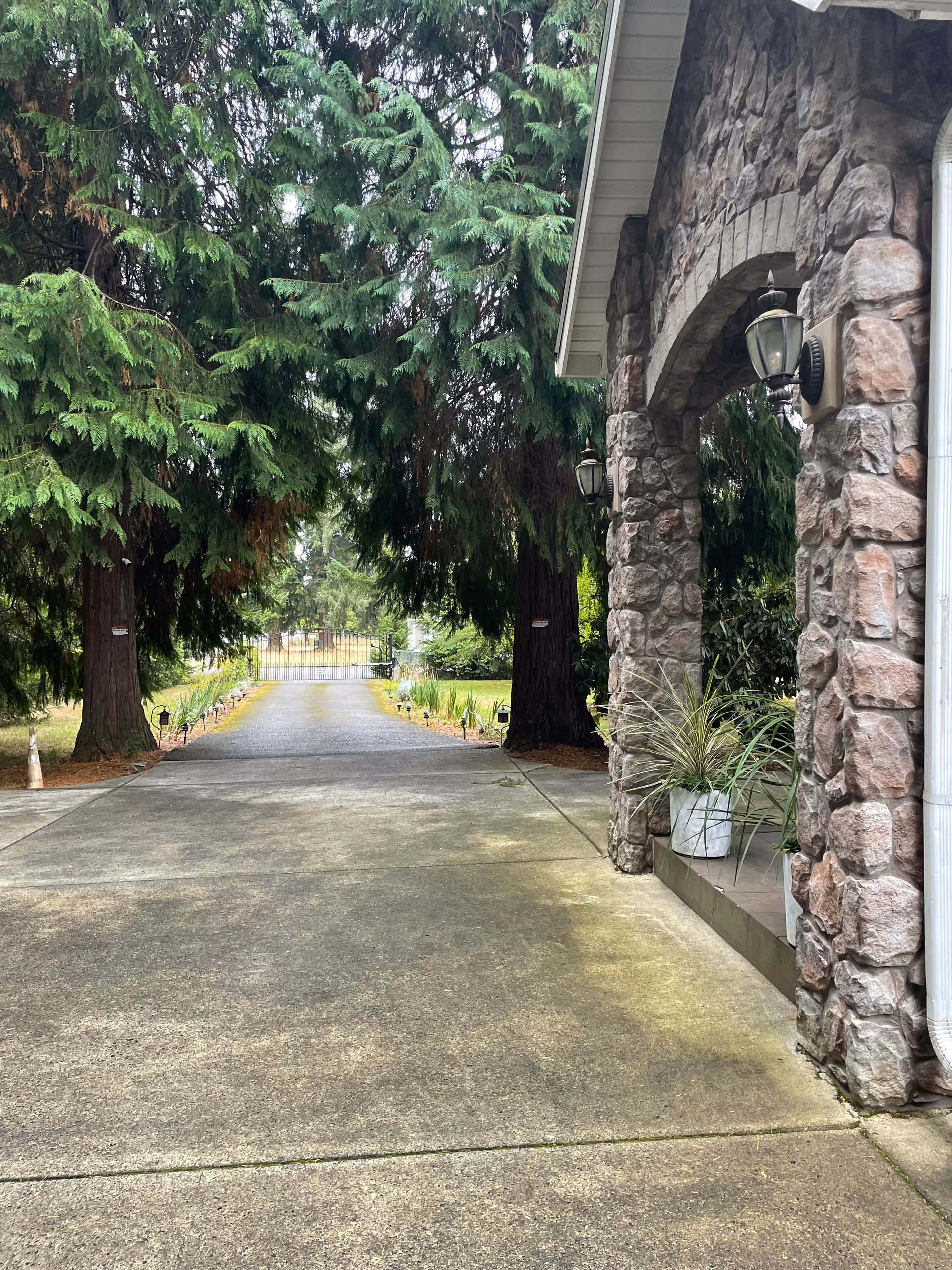 Stone building entrance with archway, lanterns, and tall evergreen trees along a paved driveway.