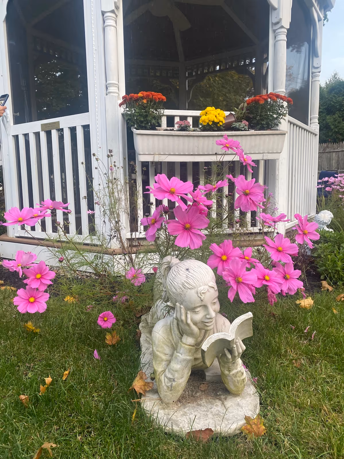 Stone statue reading a book among bright pink flowers near a white gazebo.