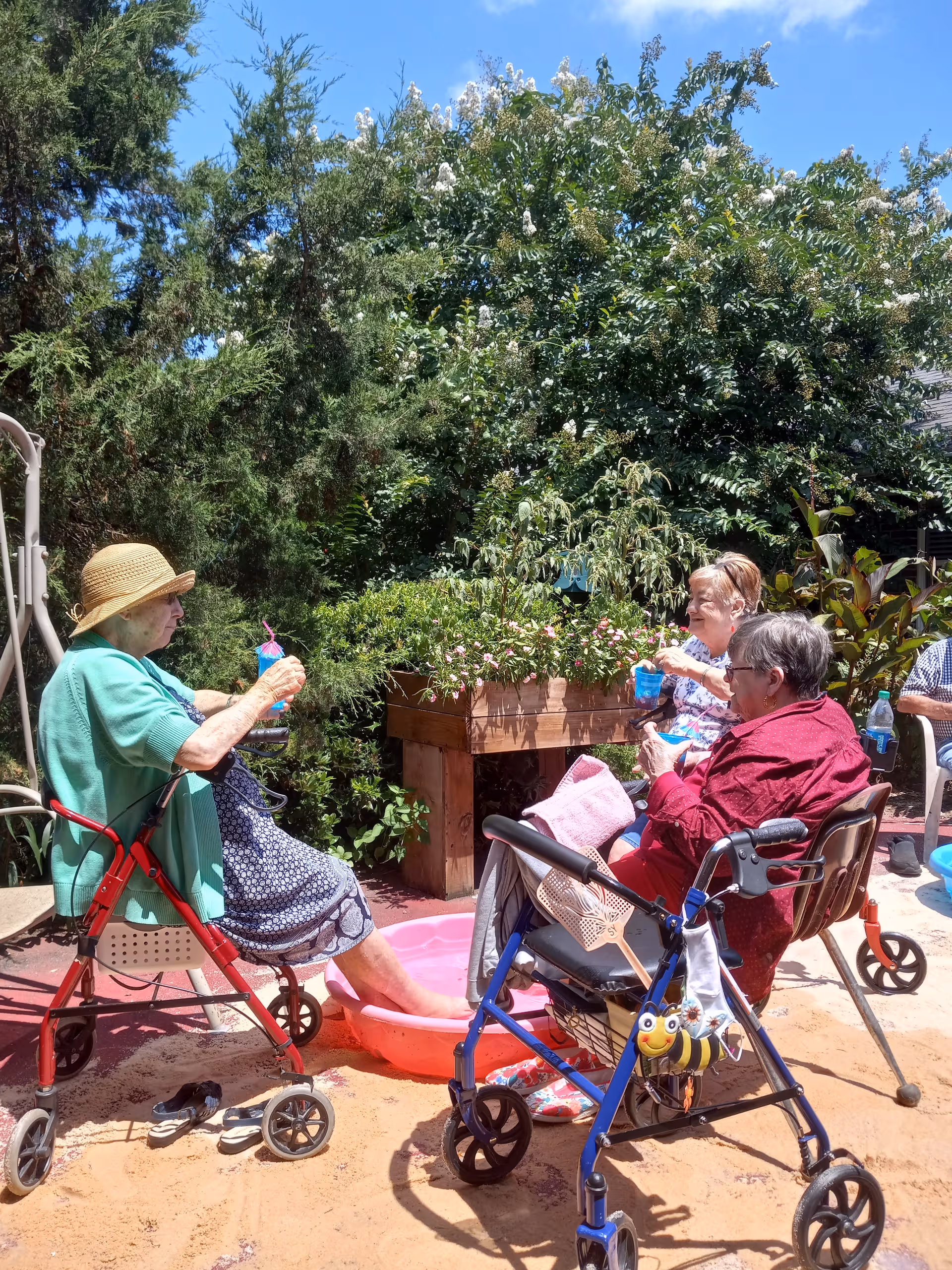 Three elderly residents sit outdoors in a sunny garden, chatting with beverages.