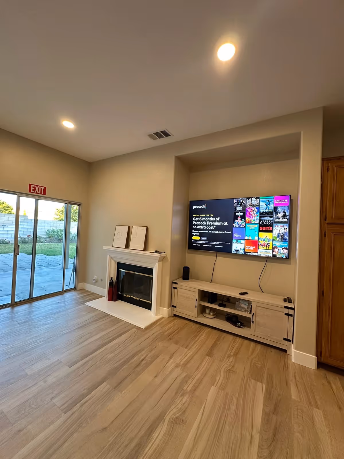 Bright living room with TV, fireplace, and glass sliding door to outdoors.