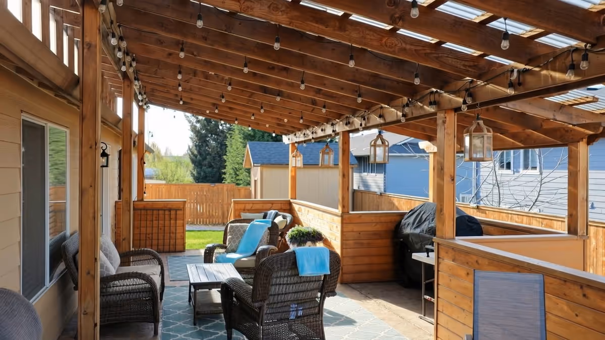 Outdoor covered wooden patio with string lights, wicker seating, and a grill.