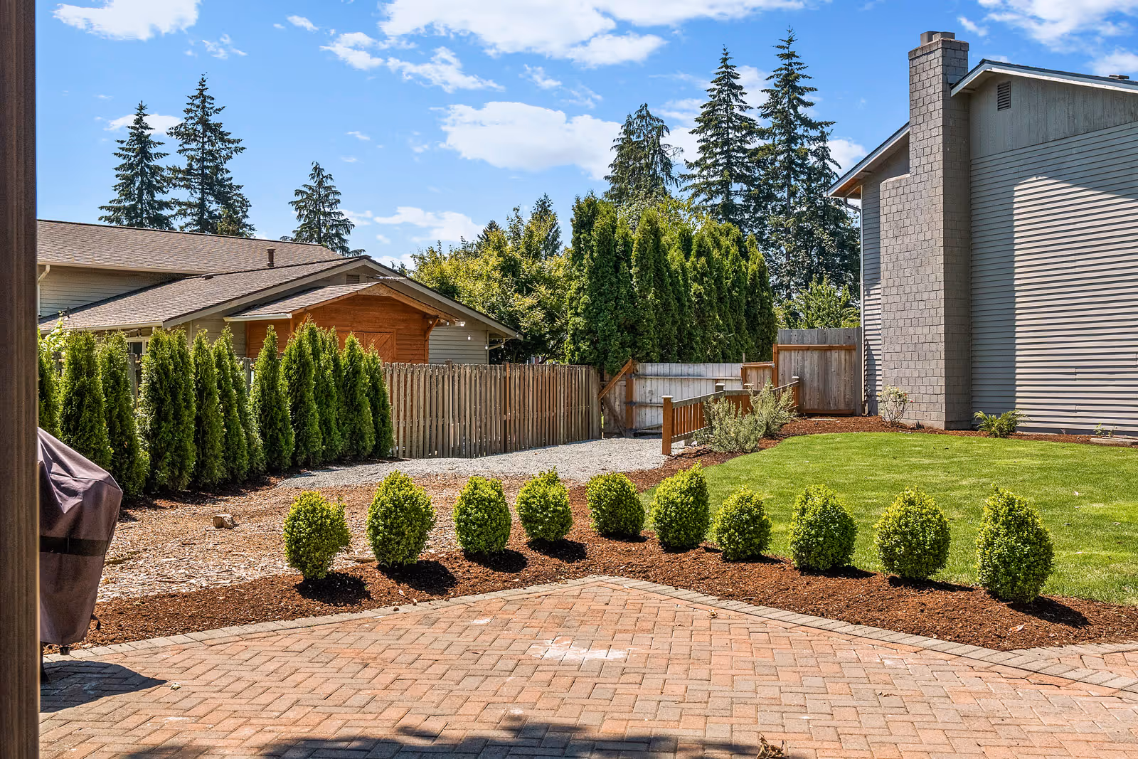 Outdoor view of a backyard area with a paved patio, a row of small green bushes, a grassy lawn, a wooden fence, and tall evergreen trees under a blue sky with some clouds.