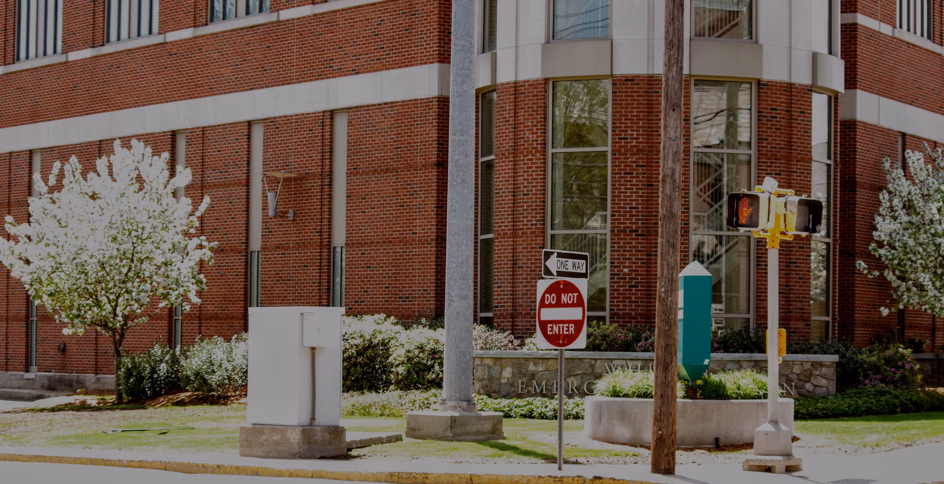 Brick hospital-style building exterior with large windows, flowering trees, and street signs.