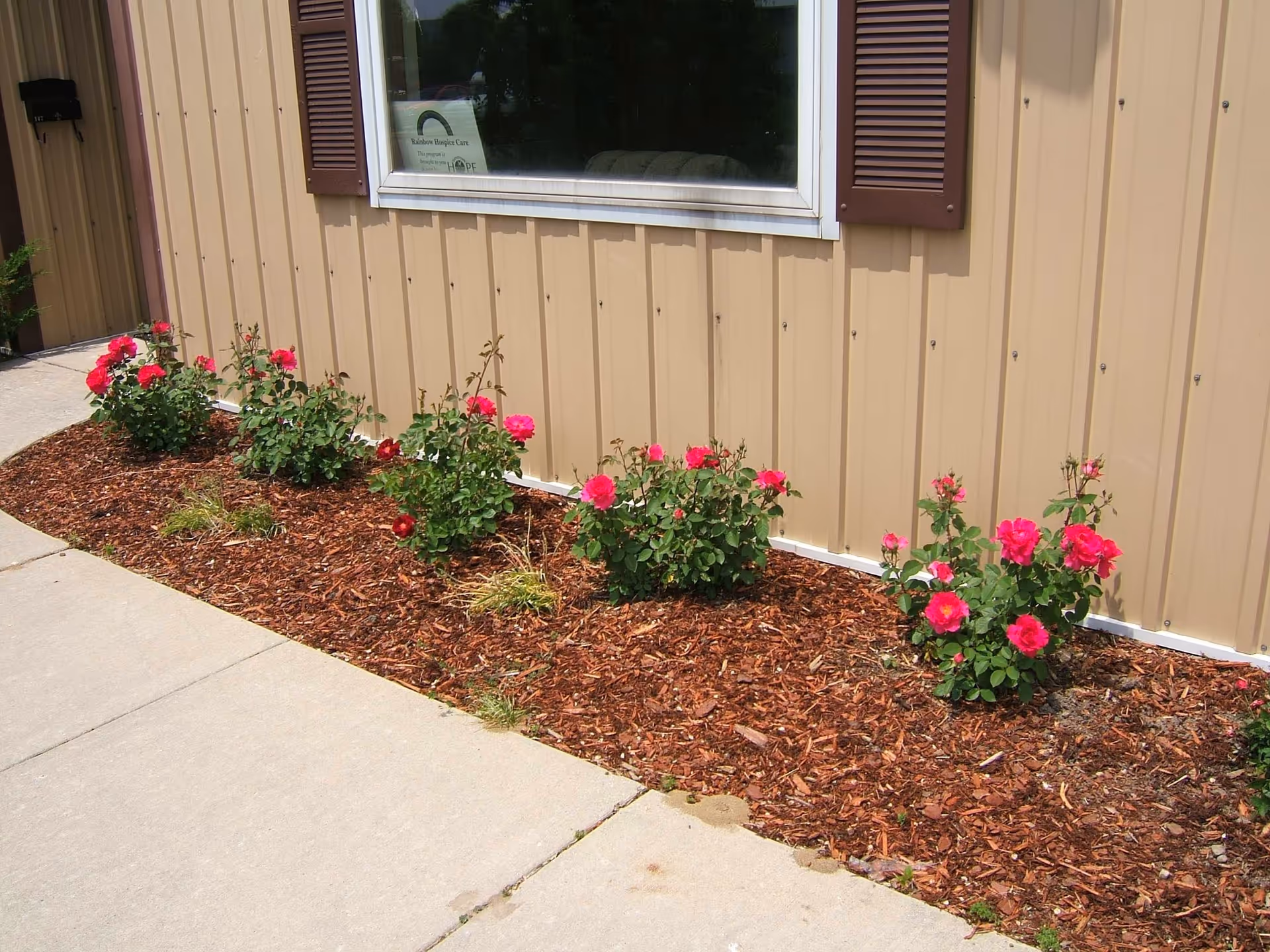 Exterior view of a beige building with pink rose bushes along a mulch bed.