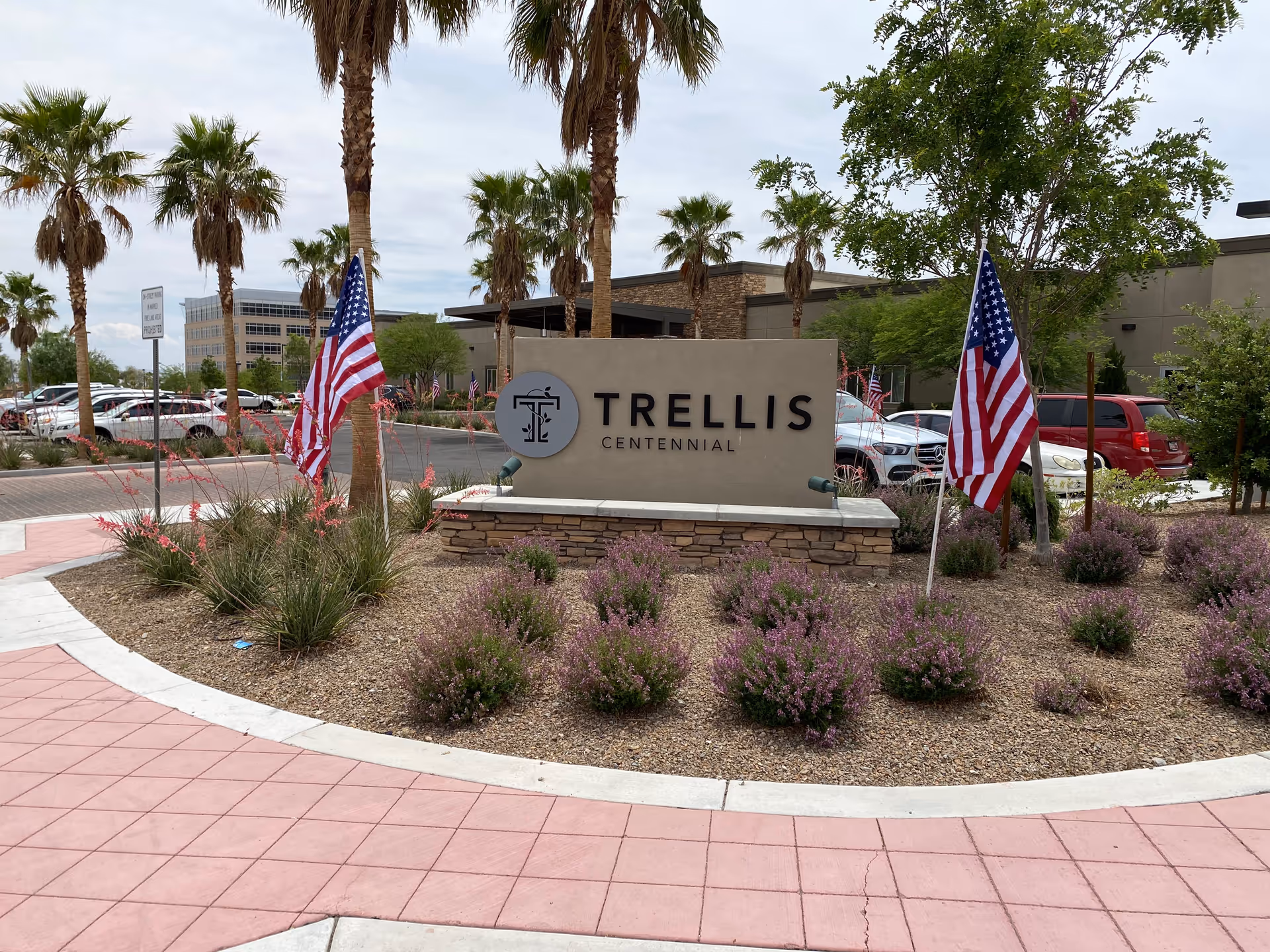 Entrance sign for Trellis Centennial with palm trees, flags, and landscaped front yard.