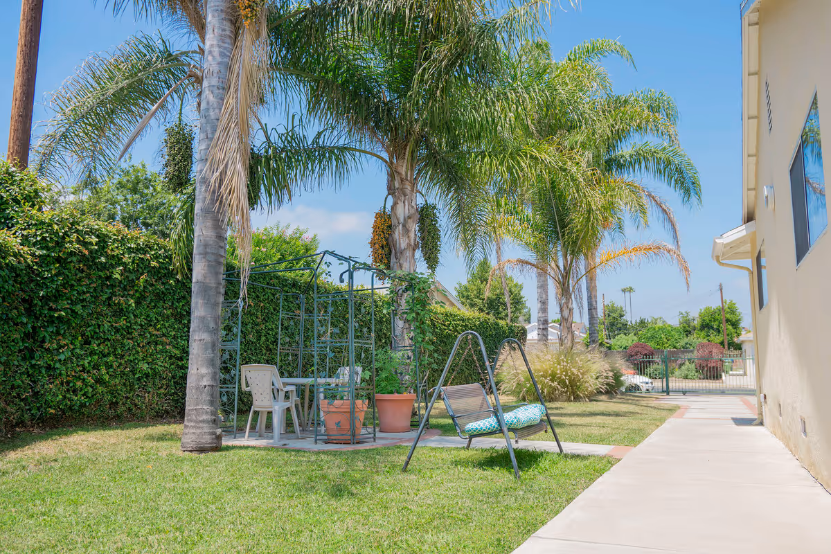 Outdoor courtyard with palm trees, a seating area, swing, and potted plants beside a building.