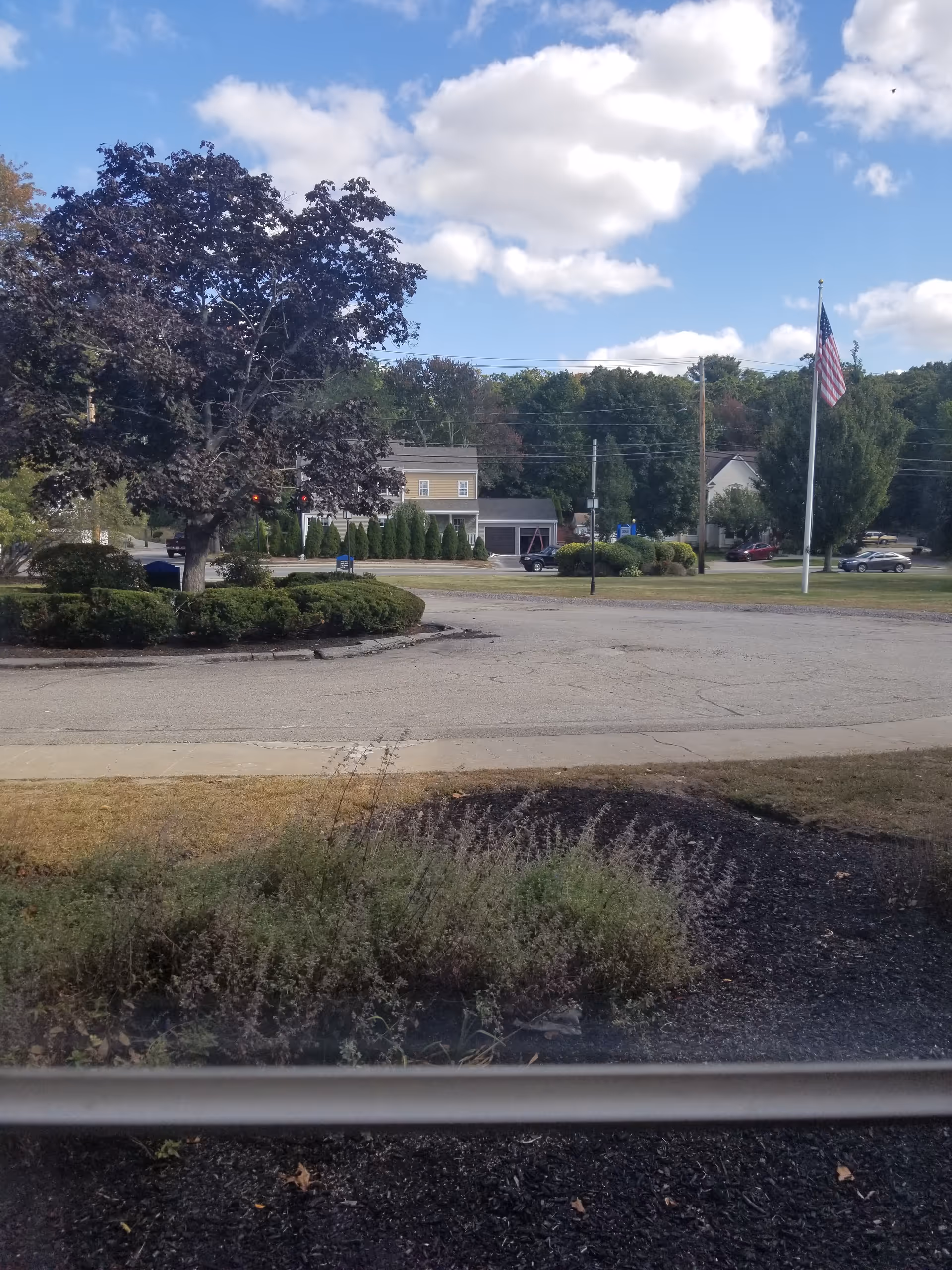 Exterior view of Dedham HealthCare with flagpole, roadway, and landscaped roundabout in foreground.