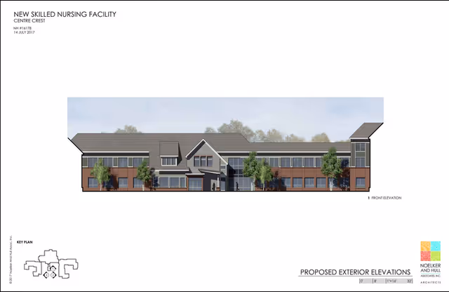 Architectural exterior rendering of a two-story senior living facility front elevation.