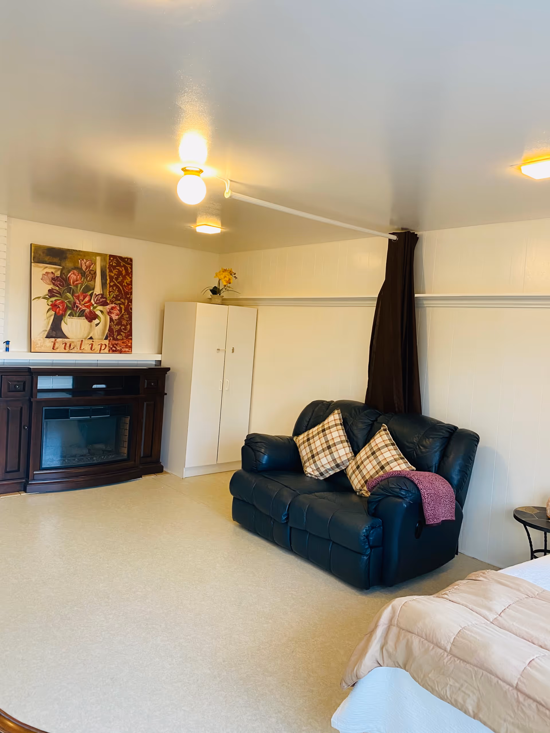 Cozy living room in a senior care unit with leather sofa, fireplace, and art.