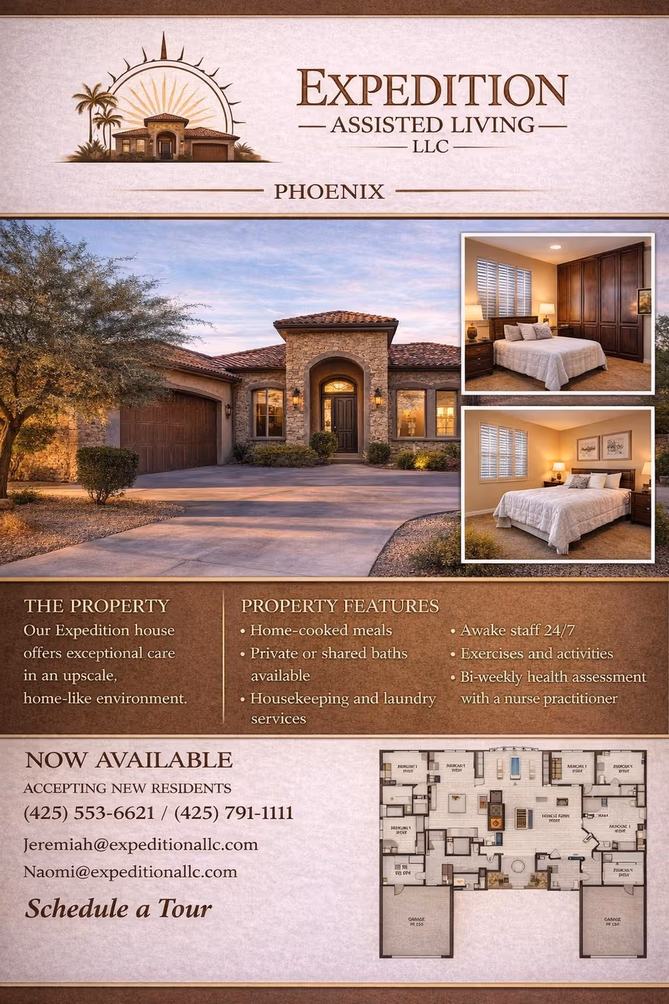 Front exterior of Expedition Assisted Living Phoenix with two inset bedroom photos.