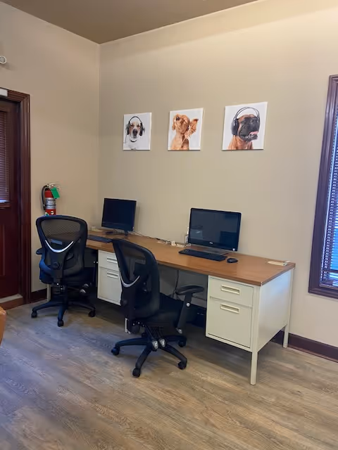A desk setup with two computers, two chairs, and three dog portraits on the wall.