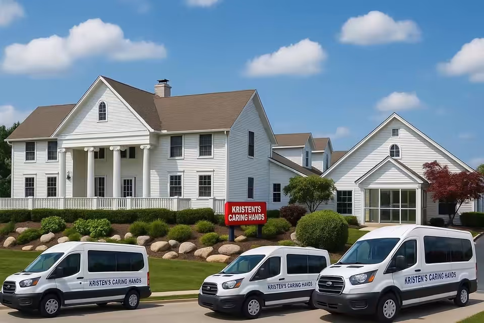Exterior view of a white multi-building senior facility with three Caring Hands vans parked out front.