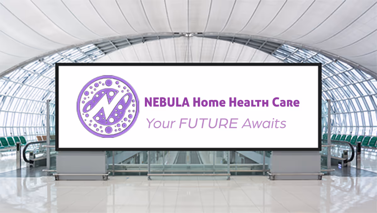 Interior lobby with a large Nebula Home Health Care sign and seating