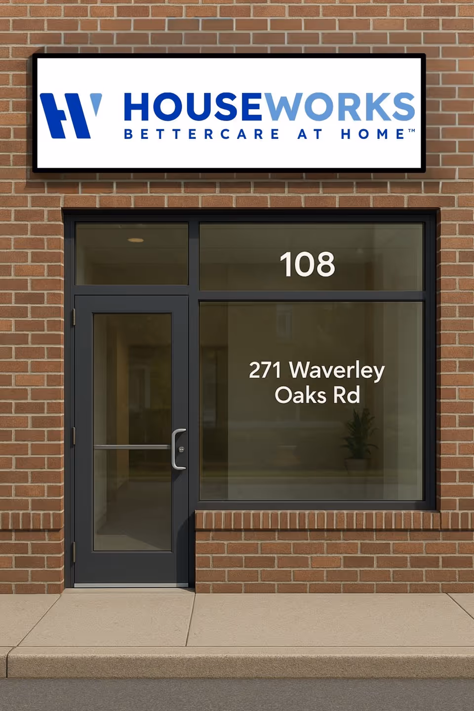 Brick building exterior with a glass door entrance and a large HouseWorks sign above.
