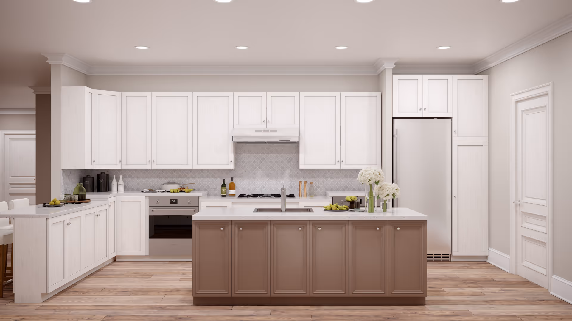 A modern kitchen with white upper cabinets and a brown island with a sink. The kitchen features a stainless steel oven, stovetop with a white range hood, and a large refrigerator. The countertops are white, and there are decorative items including flowers in vases and fruit bowls. The floor is wooden, and the walls are painted a light beige color.