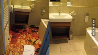 Two bathrooms side by side with sinks, mirrors, and tiled floors.
