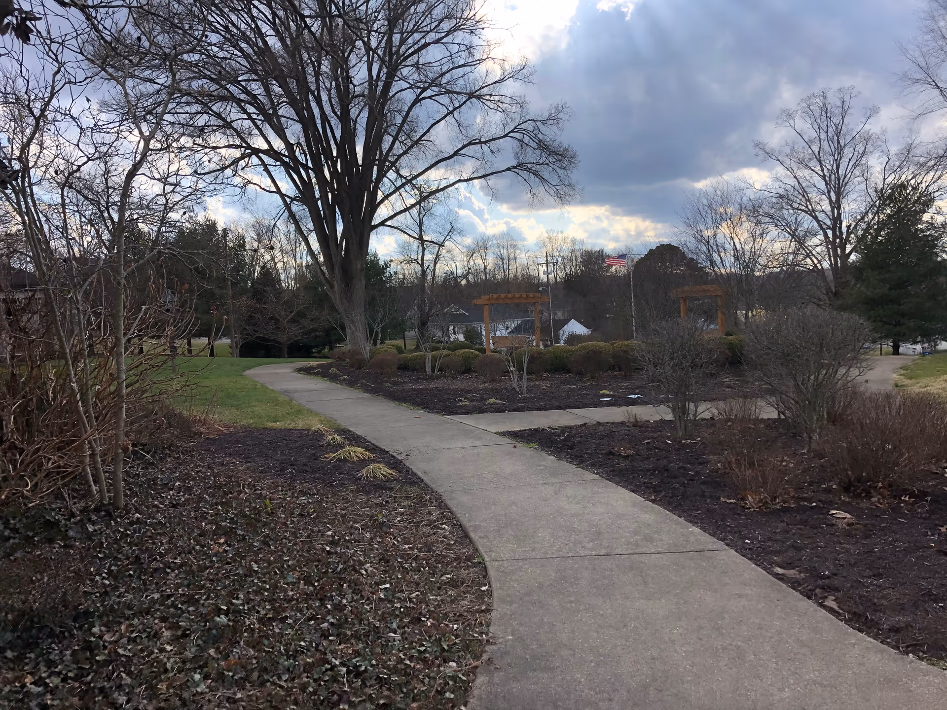Curved concrete path winds through a leafless garden area with mulch beds and trees.