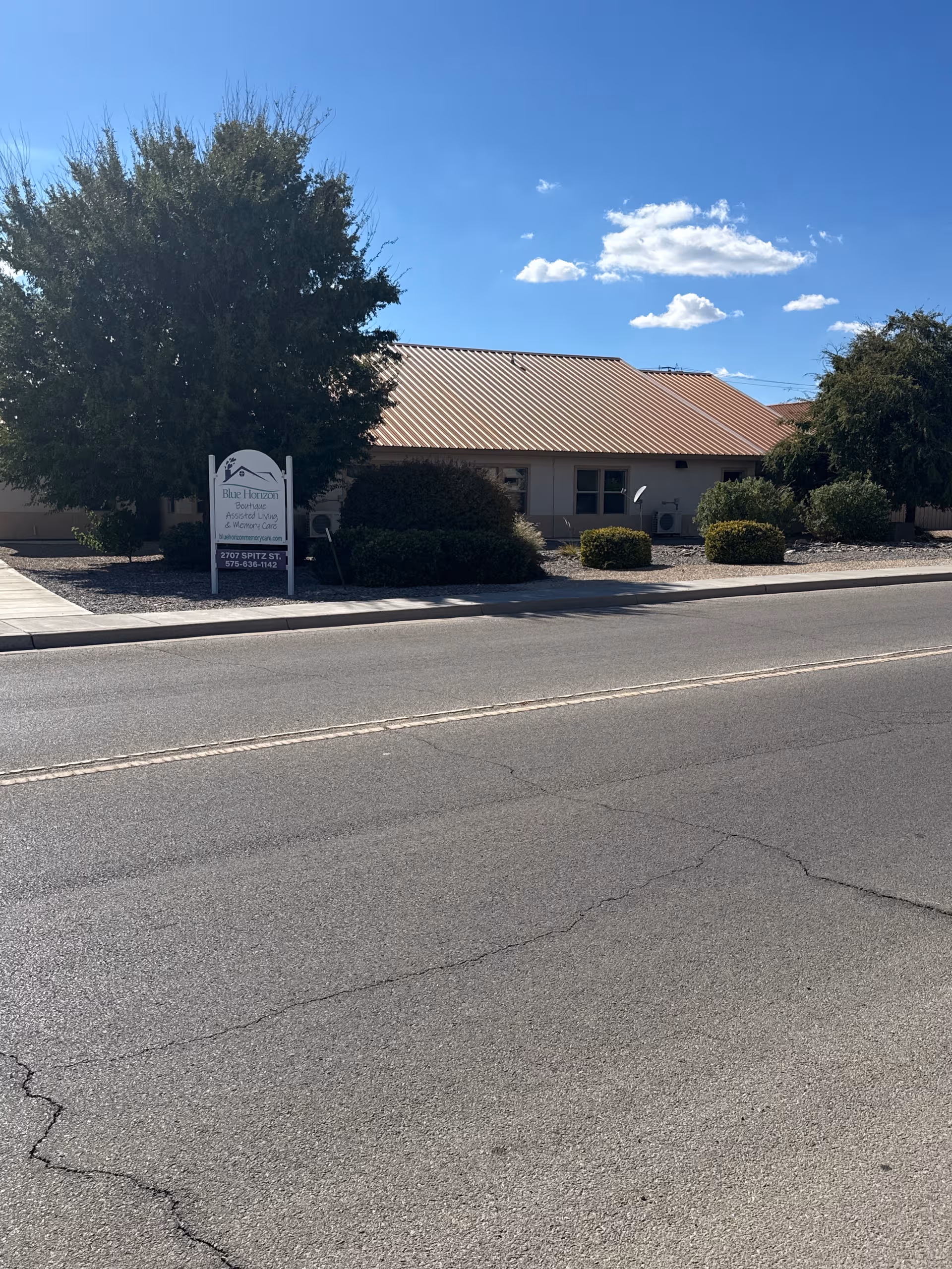 Exterior view of Blue Horizon Assisted Living, with a sign and landscaped shrubs.