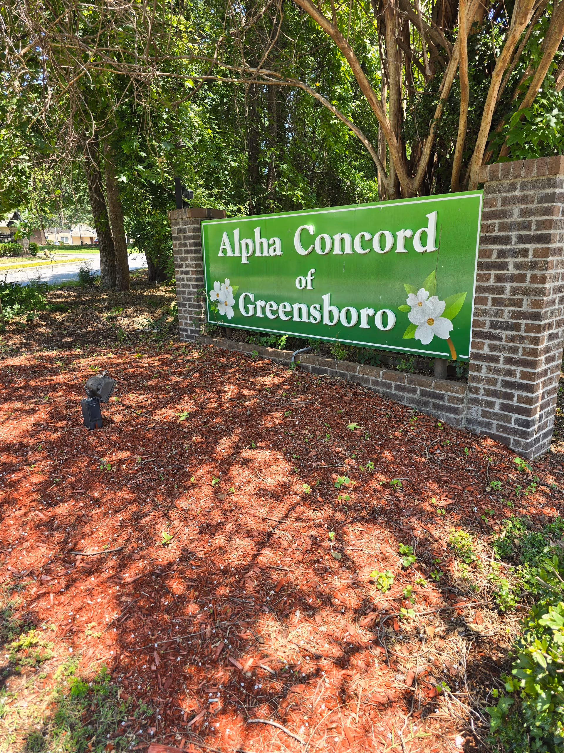 Green Alpha Concord of Greensboro sign on brick entrance pillars amid landscaping