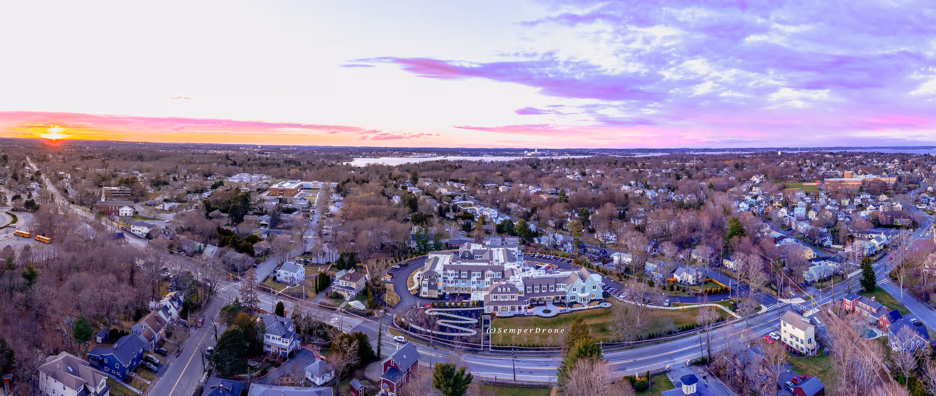Aerial view of The Mariner Marblehead senior living campus surrounded by residential neighborhood