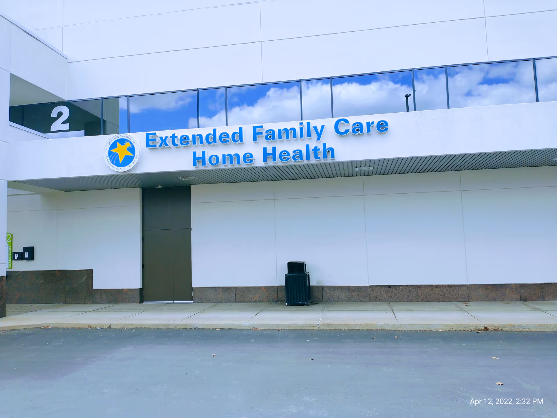 Front exterior of a building with Extended Family Care Home Health sign.